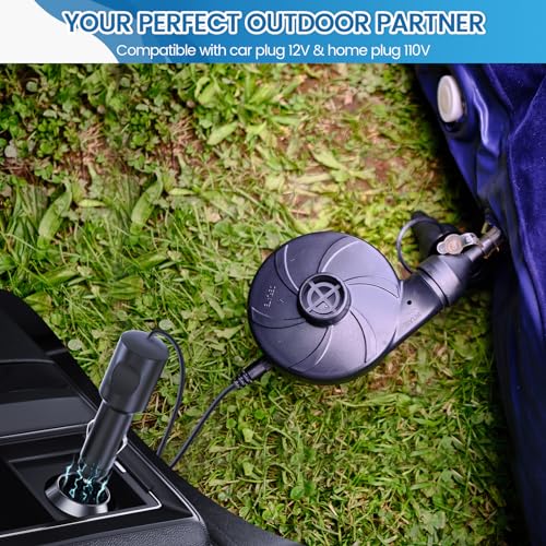 VANNPOOY Electric Air Pump for Inflatables – 110V AC/12V DC with 3 Nozzles