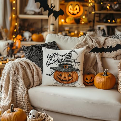 Happy Halloween Throw Pillow Cover 18x18, Jack-o'-Lantern Farmhouse Decor