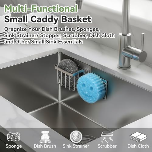 LANDNEOO Silver Sink Sponge Holder with 2 Mounting Options - Rustproof Kitchen Organizer