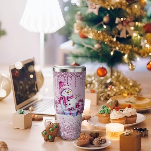 Pink 30oz Christmas Tumbler with Handle & Straw - Snowman Insulated Drinkware