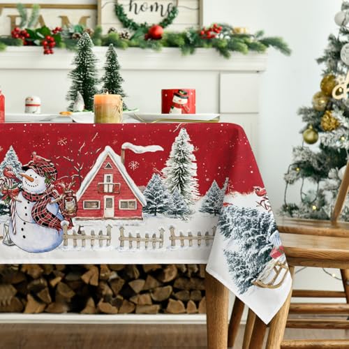 Christmas Tablecloth 60x84 Inch Snowman House & Trees Red Washable Holiday Decor