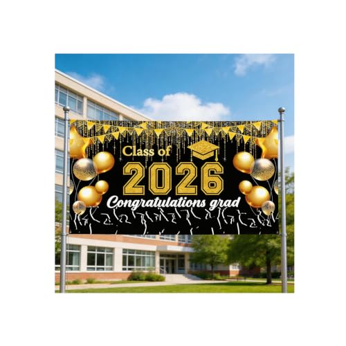 Black and Gold Graduation Banner 2026 - Durable Congrats Grad Backdrop
