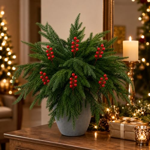 Christmas Norfolk Pine Stems with Red Berry Picks - Real Touch Greenery, 10 Pieces, Green Variation