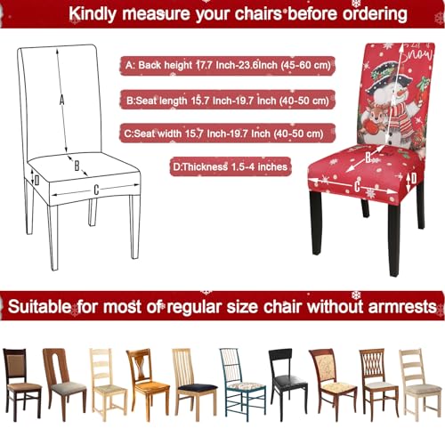 Christmas Chair Covers Set of 4 - Stretchable Snowflake Holiday Decor, Snowy Crimson