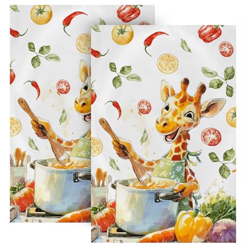 Giraffe Chef Hand Towels Set of 2 - 15 x 23 Inch Soft Microfiber
