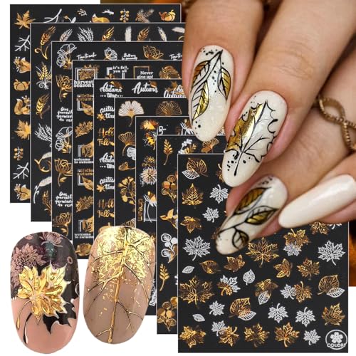 KRTBKR 9 Sheets Fall Metallic Nail Art Stickers 3D Self-Adhesive Maple Leaf