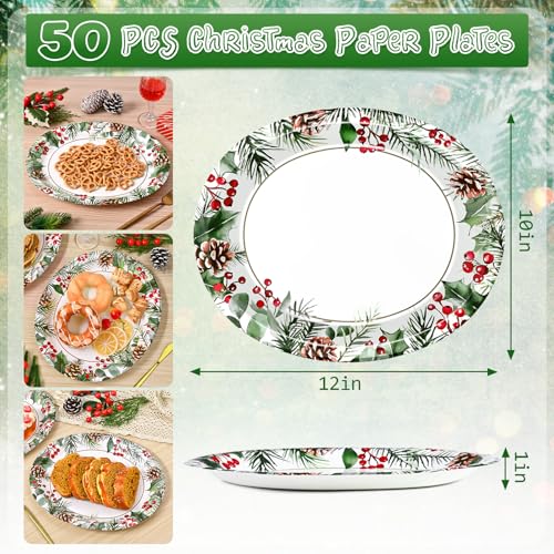 Heavy Duty Christmas Paper Plates 12x10 Inch – Disposable Holiday Dinnerware, Pack of 50