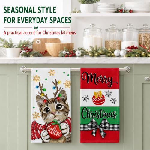 Christmas Cat Kitchen Towels - Festive Holiday Dish Towels for Decor