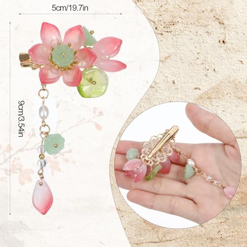Shimmeroo 2Pcs Pink Flower Hair Clip Vintage Glass Bead Tassel Barrette