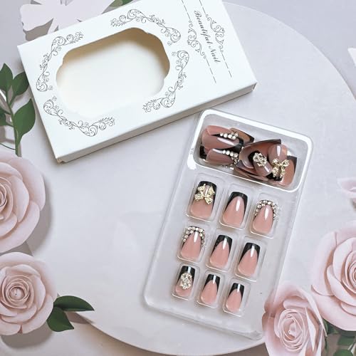 Black French Tip Press On Nails Short Square with 3D Gold Bow & Rhinestone