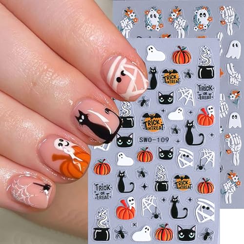 5D Embossed Halloween Nail Stickers Ghost Black Cat Nail Decals 4 Sheets