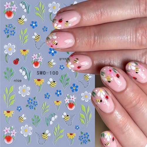 5D Embossed Flower Bee Nail Stickers 4 Sheets Spring Floral Decals