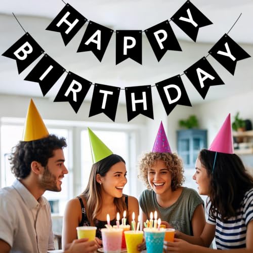 Black Happy Birthday Banner Sign with Personalized Name - Party Decorations