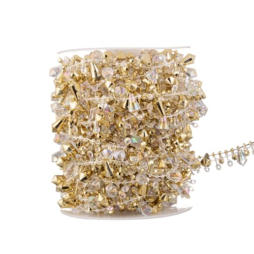 Crystal & Gold Bead Garland - 33 Feet Christmas Tree & Wedding Decor - Variation of 33Feet-Gold+Clear