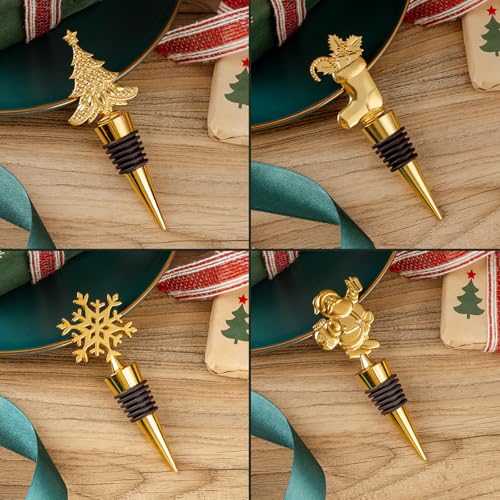 Golden Christmas Wine Stoppers Set - 4 Pack Holiday Bottle Corkers for Keeping Wine Fresh