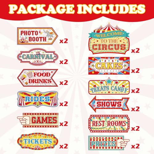 24-Pack Circus Directional Signs for Kids Carnival Party