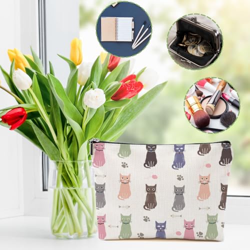 Cat Makeup Bag Linen Travel Cosmetic Pouch for Women and Cat Lovers