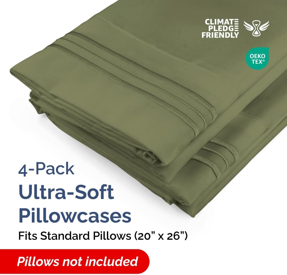 Skiennix Standard Pillow Cases Set of 4 - Ultra Soft Hotel Quality Covers - Machine Washable Sage Green