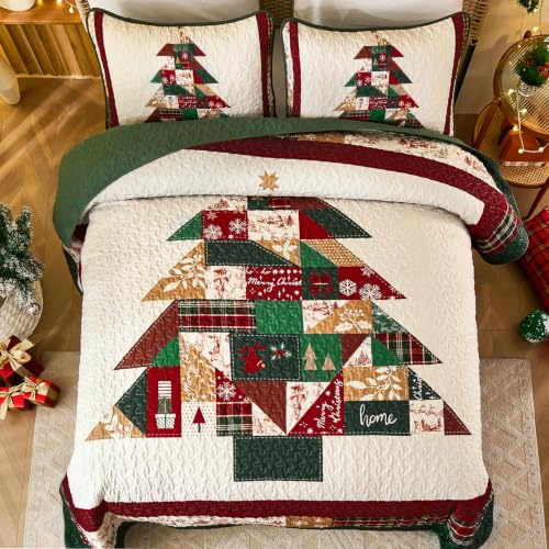 Dobuyly Patchwork Christmas Queen Quilt Set with Tree Farmhouse Design - Queen, Christmas Tree