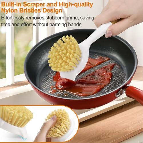 SOGCASE Bamboo Dish Brush Set with Built-in Scraper, 2 Pack