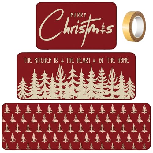 Christmas Tree Kitchen Rugs Set - Pinecone Snowman Snowflake Non Slip Mat, 3 Sizes