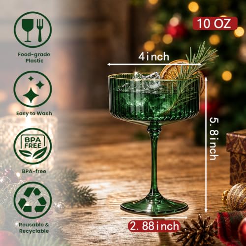 6Pcs Plastic Martini Glasses Red Green Mix 10oz Disposable Coupe Glasses