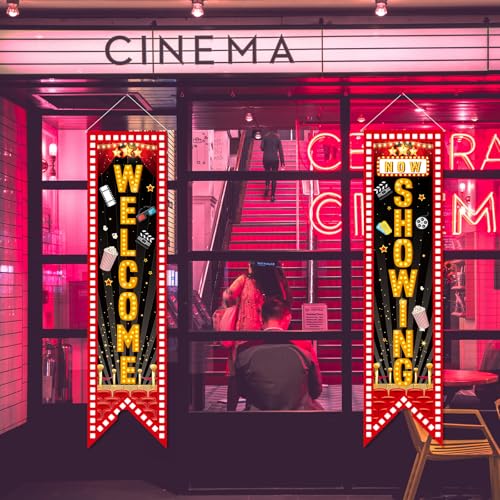Movie Night Porch Banners - 2 pcs Welcome & Now Showing Signs, 47.2x11.8 Inch