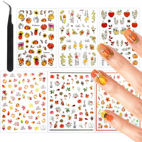 Allstarry Fall Nail Stickers 6 Sheets 3D Self-Adhesive Autumn Maple Leaves & Pumpkins