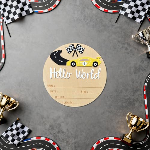 Ziyutam Wooden Race Car Baby Announcement Sign for Hospital Photo Prop