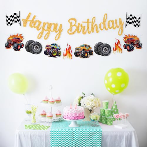 Monster Truck Happy Birthday Banner - Racing Party Decorations (8-Monster Truck)