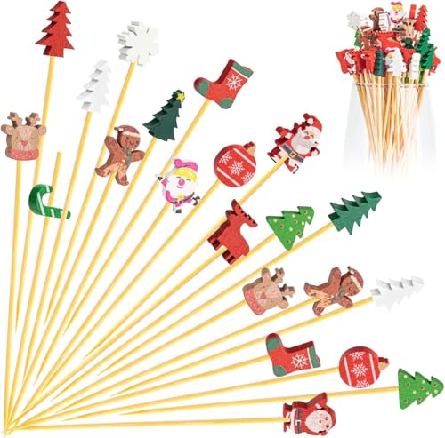 Christmas Cocktail Picks Set - 100 Natural Bamboo Skewers with 15 Holiday Designs - Festive Party Supplies
