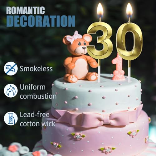 Gold 30th Birthday Candles - Premium Number Cake Toppers