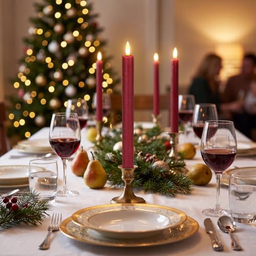Lasumora Christmas Red Flameless Taper Candles Flickering with 6H Timer - K-Christmas Red-6
