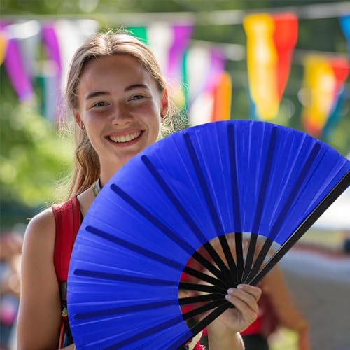 13-Inch Large Handheld Folding Rave Fan for Line Dancing - Blue