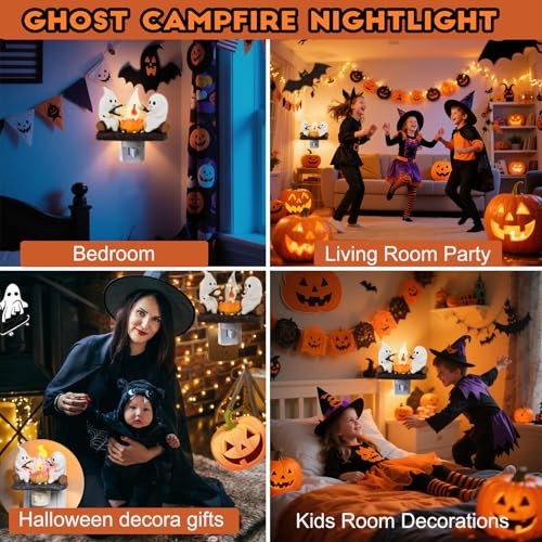 Ghosts Roasting Marshmallows Night Light with Flickering Flame - Halloween Plug-In Lamp - Snowman Christmas Tree Variation