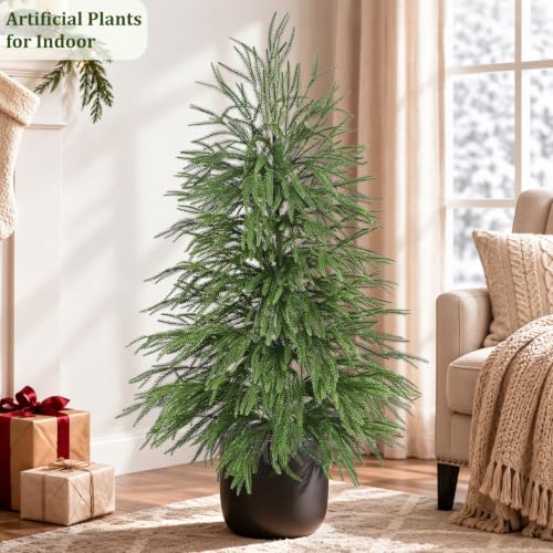 Green 2 Pack Artificial Norfolk Pine Topiary Trees with Ground Spikes - 3 FT