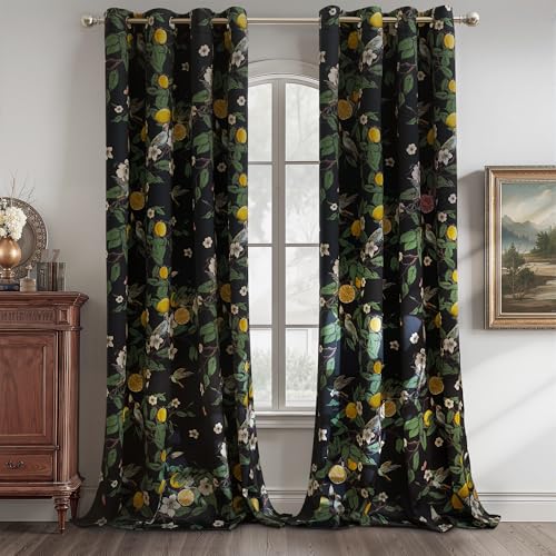 NICETOWN 100% Blackout Floral Curtains for Bedroom, W52 x L84 2 Panels, Hummingbird Lemon Botanical Print Design Thermal Insulated Privacy Drapes, Black Out Curtains for Living Room, Farmhouse