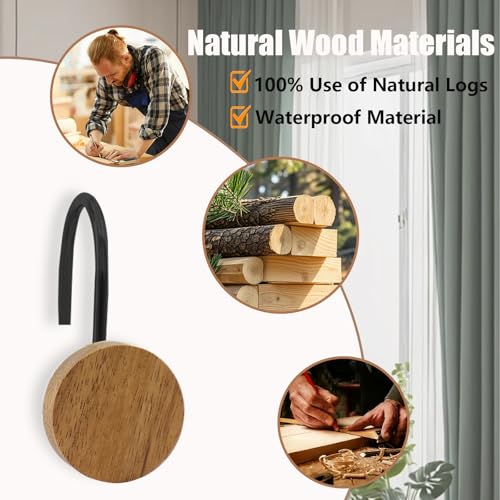 JTDTH Round-Black Wooden Shower Curtain Hooks - Modern Rustic Bathroom Rings, 12 Pack