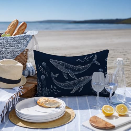 Coastal Whale Shark Lumbar Pillow Cover 12x20 - Navy Blue Beach Decor (Coastal-14)