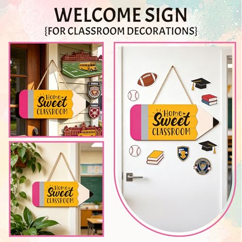 Clothmile Pencil-Shaped Wooden Door Sign - Home Sweet Classroom Decor, 13.8x5.1 Inch, Back to School Wall Hanger, Classroom & Porch Door Decor (Variation: Pencil)