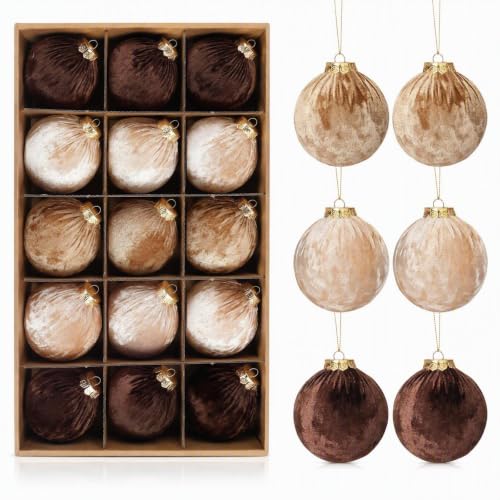 Velvet Christmas Ornaments Set - Brown Series 15 Pack 3.15 Inch Holiday Decor