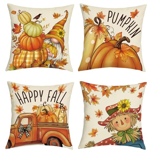 Autumn Pumpkin Gnome Throw Pillow Covers - Set of 4 (18x18)