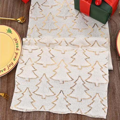 Christmas Plush Table Runner - White 13" x 72" Holiday Decor