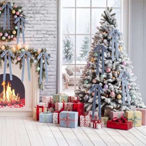 24 Pcs Velvet Christmas Tree Bow - Haze Blue, 9x13 Inch Decorative Holiday Gift Wrap
