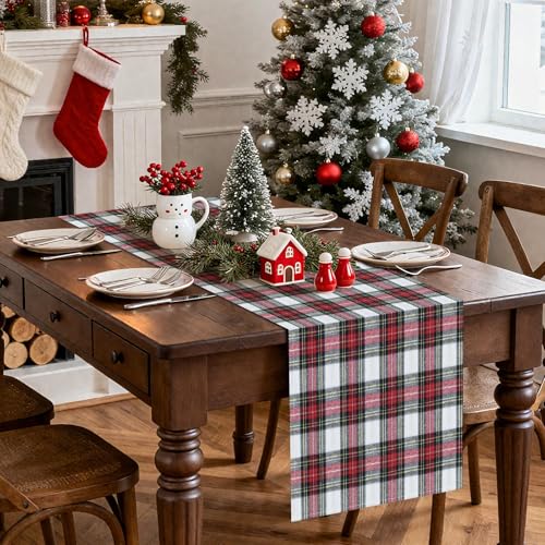 Red and White Scottish Plaid Christmas Table Runner 13x120 Inch - Farmhouse Holiday Decor