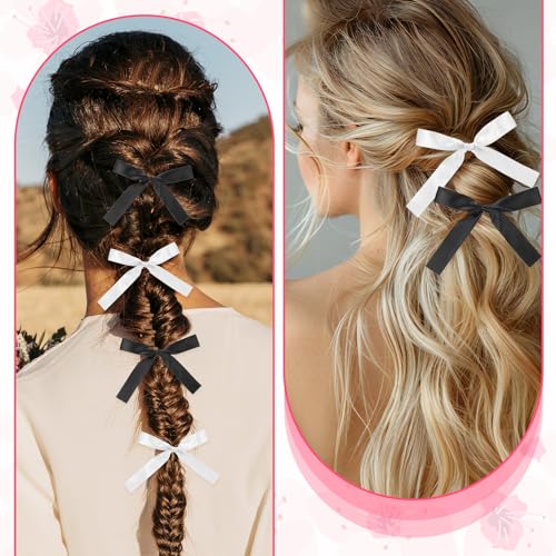 Silky Satin Hair Bow Ties 12-Pack Black White Ribbon Scrunchies