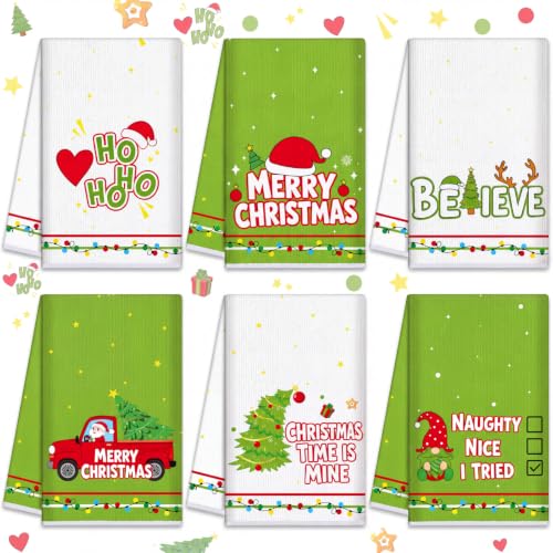 Christmas Kitchen Towels Set - Lime Green Holiday Dish Towels 6 Pack