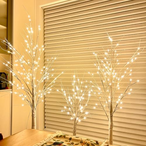 3 Pack Lighted Birch Tree Lights 4/5/6FT - Warm White LED Artificial Trees