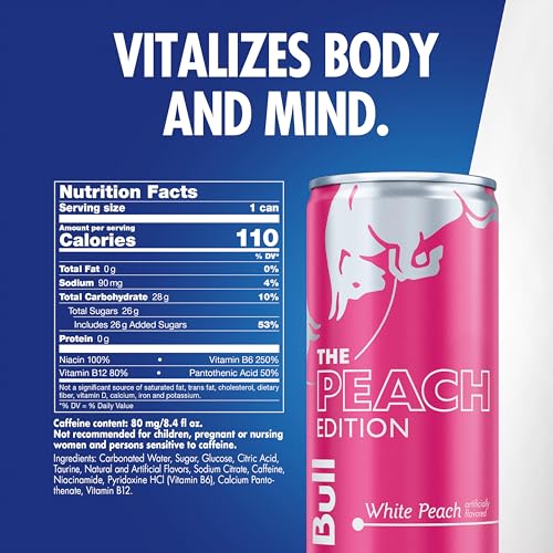 Red Bull Energy Drink, White Peach Edition, 8.4 fl oz Cans (4 Pack)