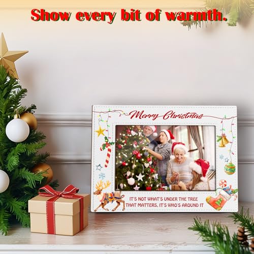 White Leather Christmas Picture Frame 4x6 Inch Snowflake Reindeer Holiday Decor